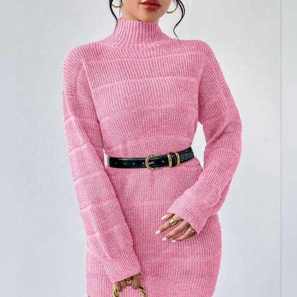 Solid Color Turtleneck Textured Long Sleeve Sweater Dress - Picture 1 of 4
